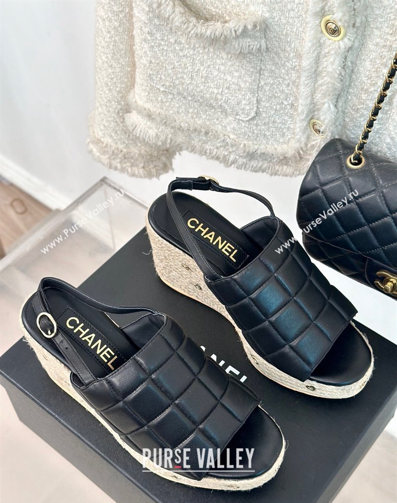 Chanel Quilted Lambskin Wedge Sandals 8cm with Logo Charm Black 2024 0603 (MD-240603039)