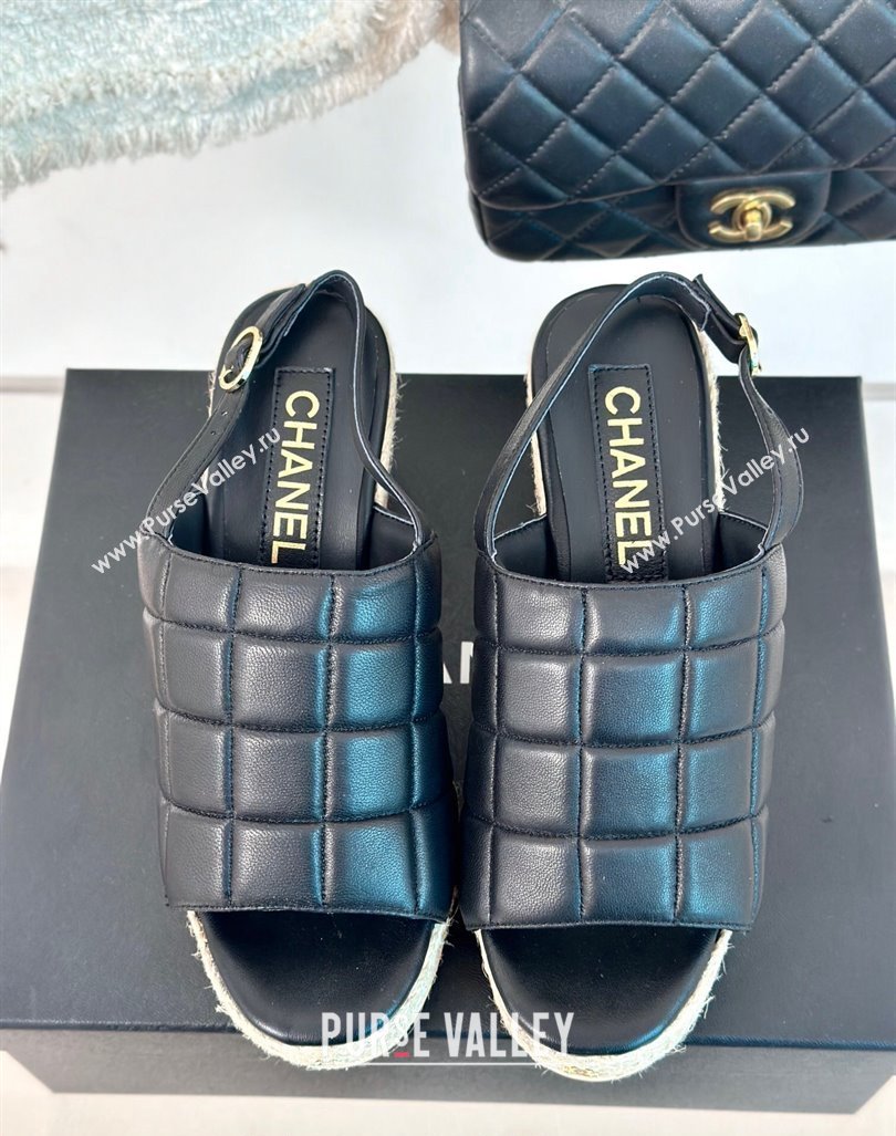 Chanel Quilted Lambskin Wedge Sandals 8cm with Logo Charm Black 2024 0603 (MD-240603039)