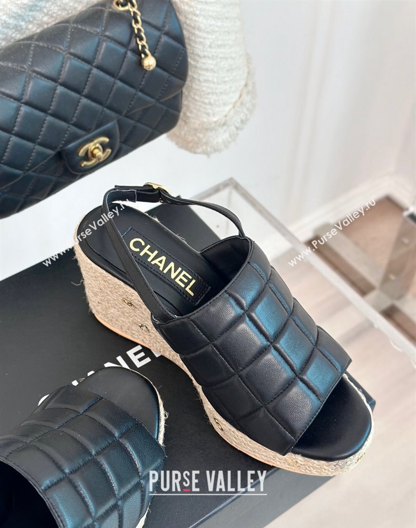 Chanel Quilted Lambskin Wedge Sandals 8cm with Logo Charm Black 2024 0603 (MD-240603039)