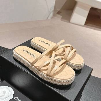 Chanel Calfskin Espadrille Flat Slide Sandals with Studs Chain Beige 2024 (MD-240603020)