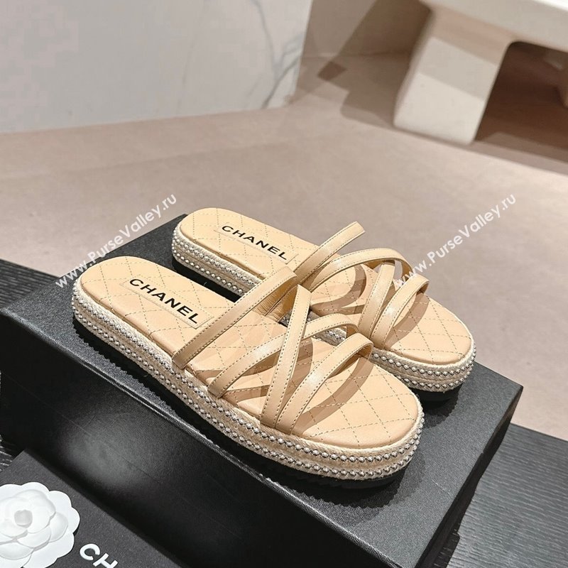 Chanel Calfskin Espadrille Flat Slide Sandals with Studs Chain Beige 2024 (MD-240603020)