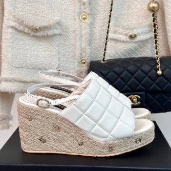 Chanel Quilted Lambskin Wedge Sandals 8cm with Logo Charm White 2024 0603 (MD-240603040)