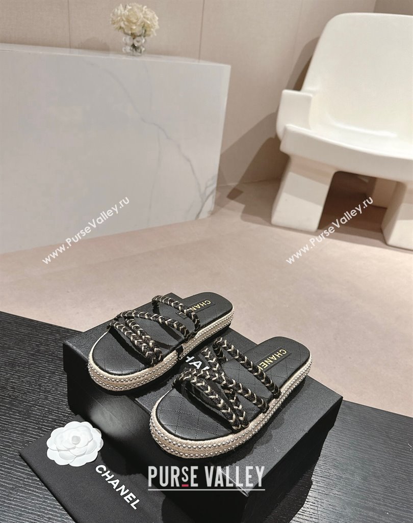 Chanel Braided Espadrille Flat Slide Sandals with Studs Chain Black 2024 (MD-240603023)