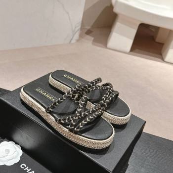 Chanel Braided Espadrille Flat Slide Sandals with Studs Chain Black 2024 (MD-240603023)