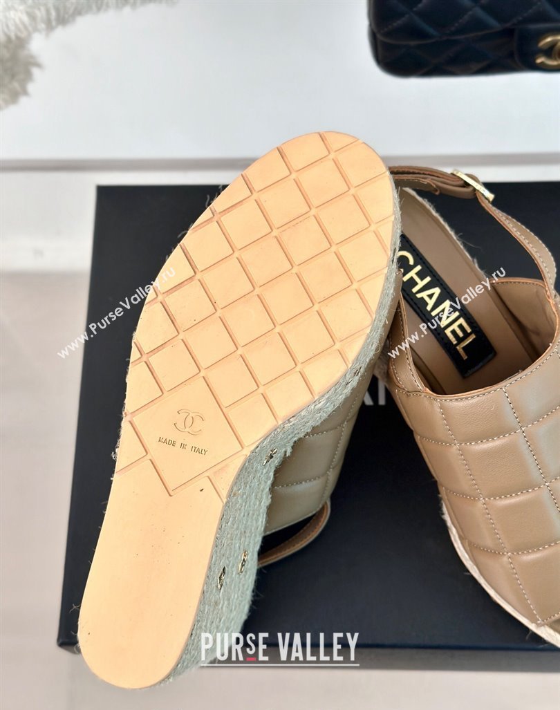 Chanel Quilted Lambskin Wedge Sandals 8cm with Logo Charm Brown 2024 0603 (MD-240603041)