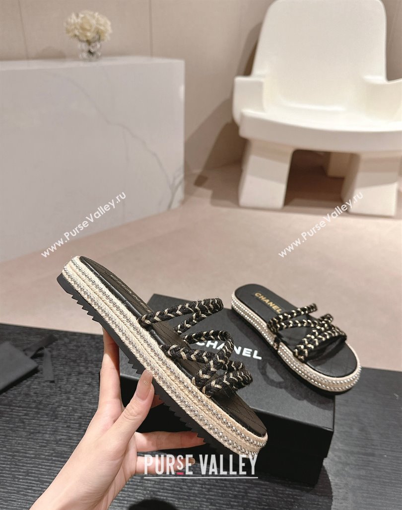 Chanel Braided Espadrille Flat Slide Sandals with Studs Chain Black 2024 (MD-240603023)