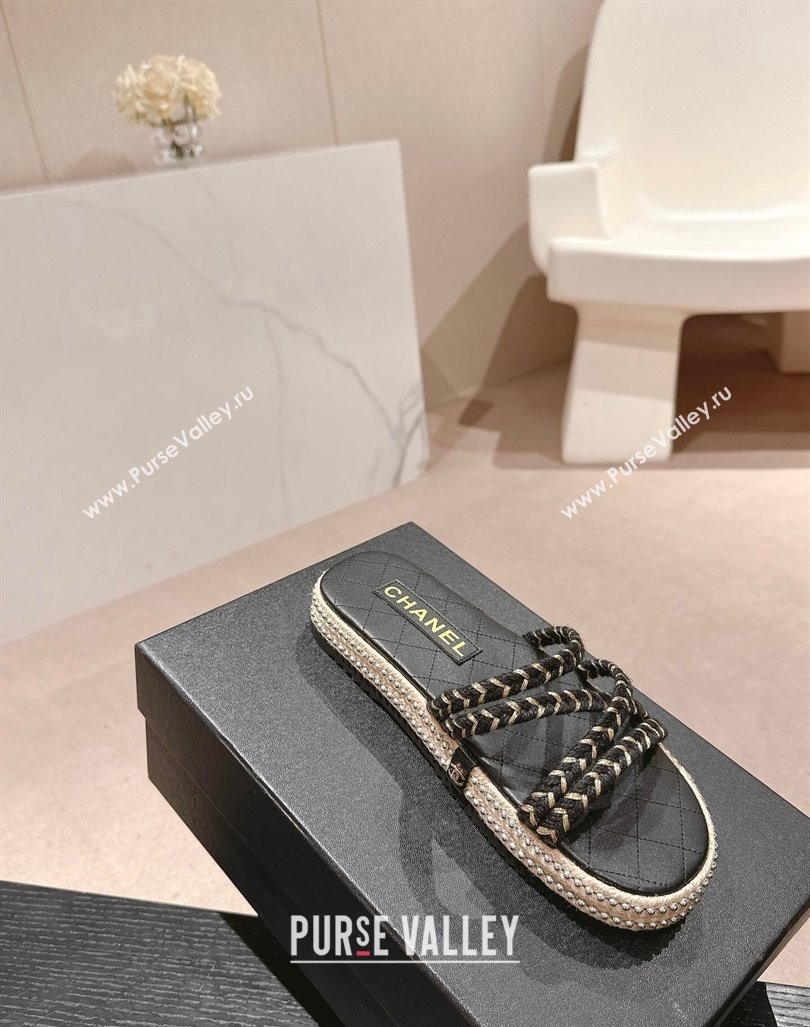 Chanel Braided Espadrille Flat Slide Sandals with Studs Chain Black 2024 (MD-240603023)