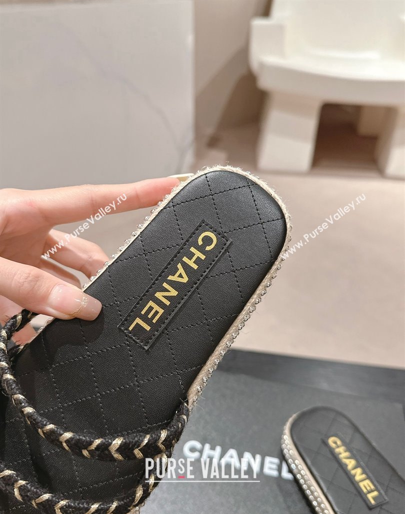 Chanel Braided Espadrille Flat Slide Sandals with Studs Chain Black 2024 (MD-240603023)