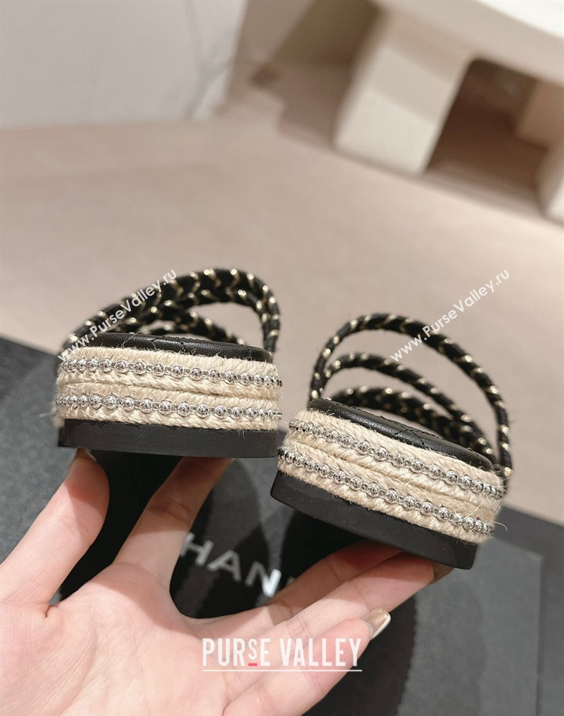 Chanel Braided Espadrille Flat Slide Sandals with Studs Chain Black 2024 (MD-240603023)