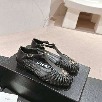 Chanel Lambskin Roman Flat Sandals Black 2024 0603 (MD-240603048)