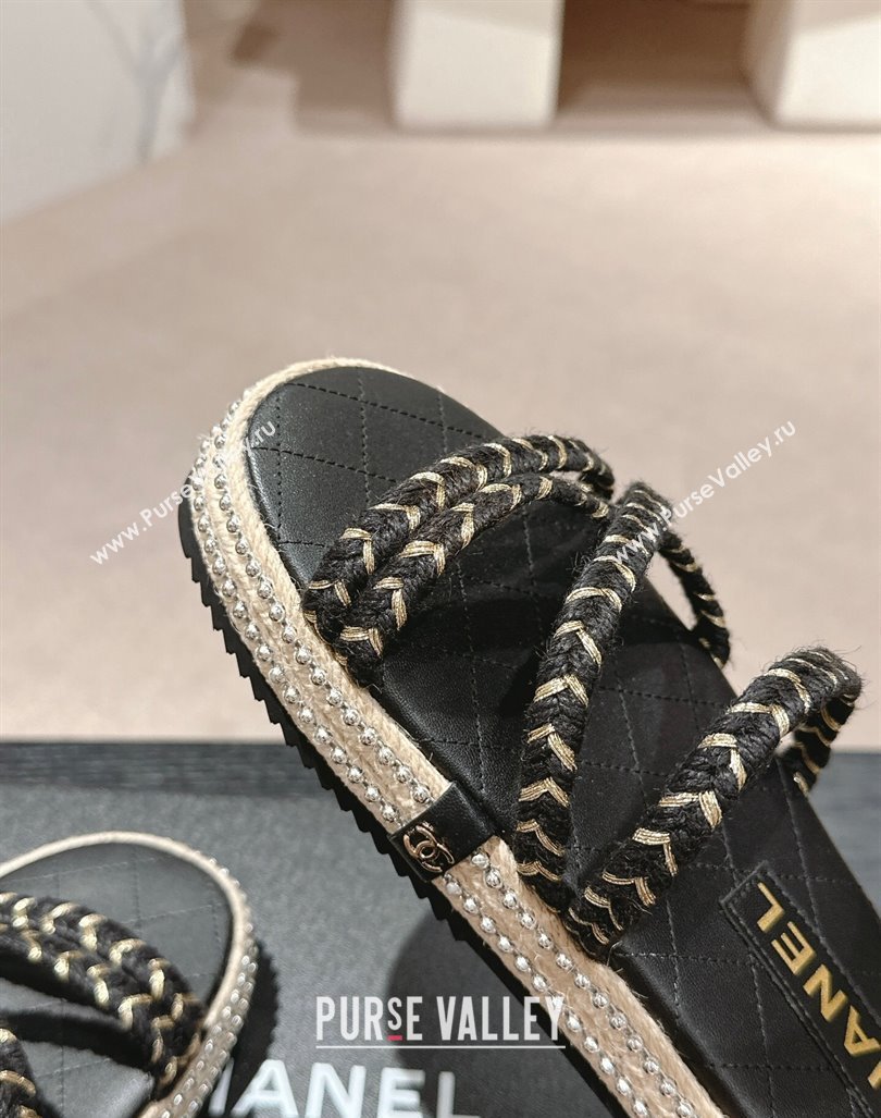 Chanel Braided Espadrille Flat Slide Sandals with Studs Chain Black 2024 (MD-240603023)