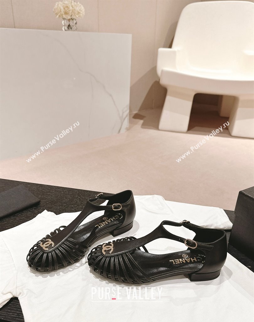 Chanel Lambskin Roman Flat Sandals Black 2024 0603 (MD-240603048)