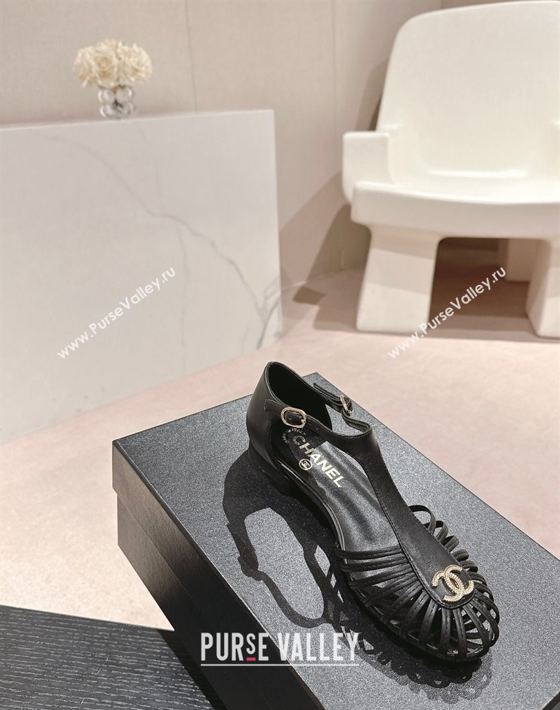 Chanel Lambskin Roman Flat Sandals Black 2024 0603 (MD-240603048)