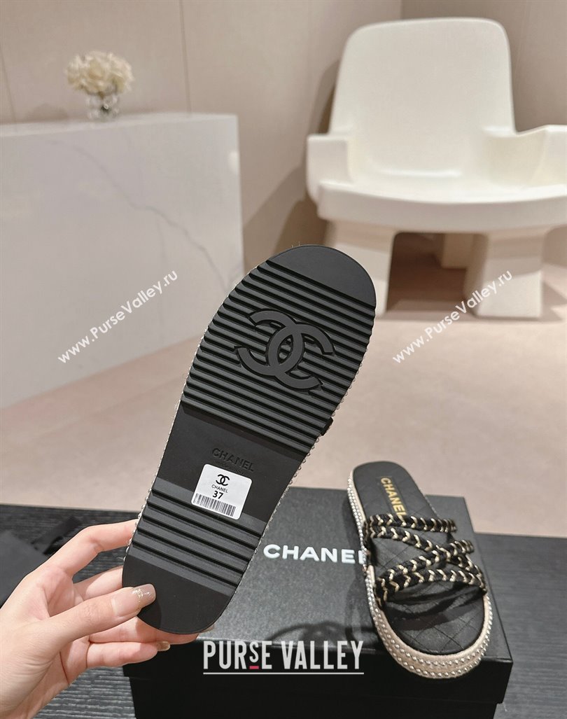 Chanel Braided Espadrille Flat Slide Sandals with Studs Chain Black 2024 (MD-240603023)