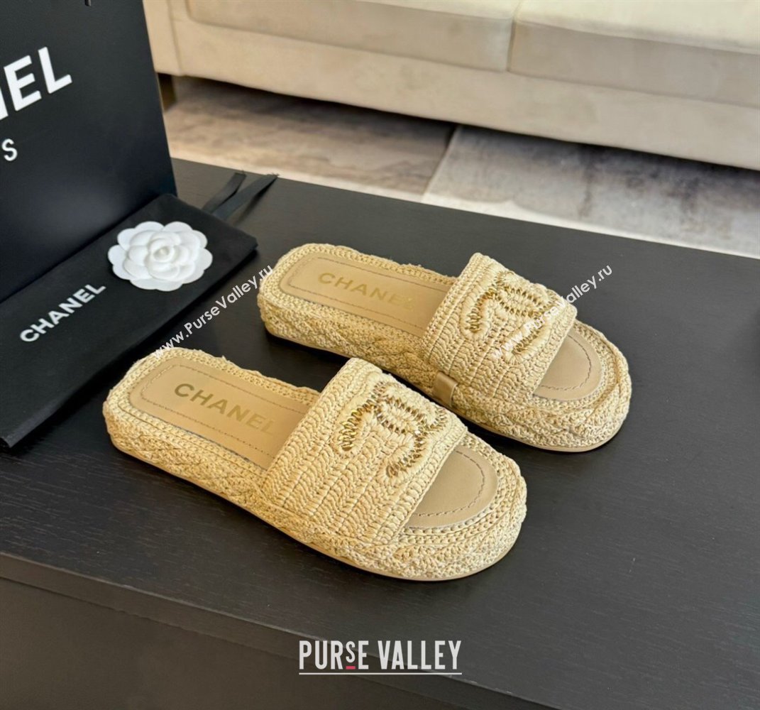 Chanel Raffia Straw Flat Slides Sandal Beige 2024 0603 (MD-240603068)