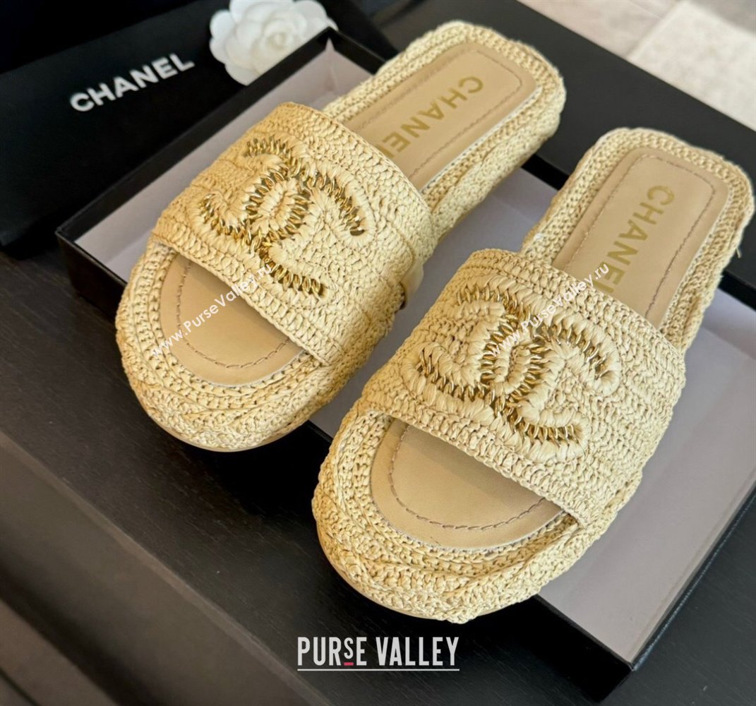 Chanel Raffia Straw Flat Slides Sandal Beige 2024 0603 (MD-240603068)