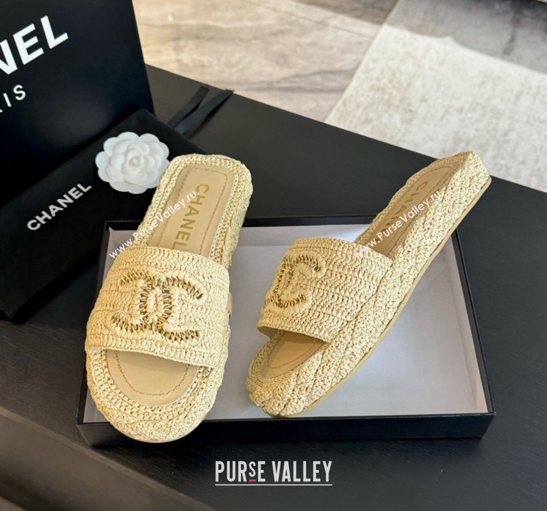 Chanel Raffia Straw Flat Slides Sandal Beige 2024 0603 (MD-240603068)