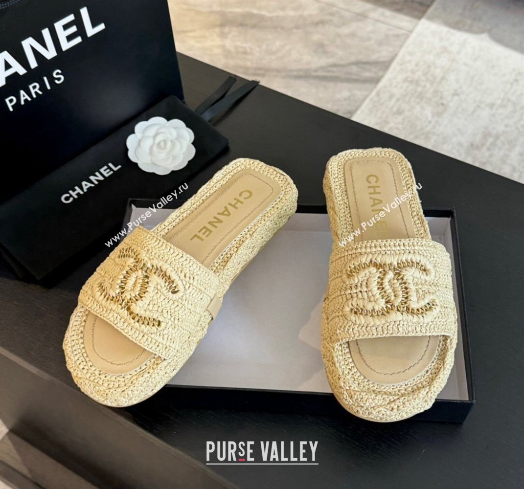 Chanel Raffia Straw Flat Slides Sandal Beige 2024 0603 (MD-240603068)