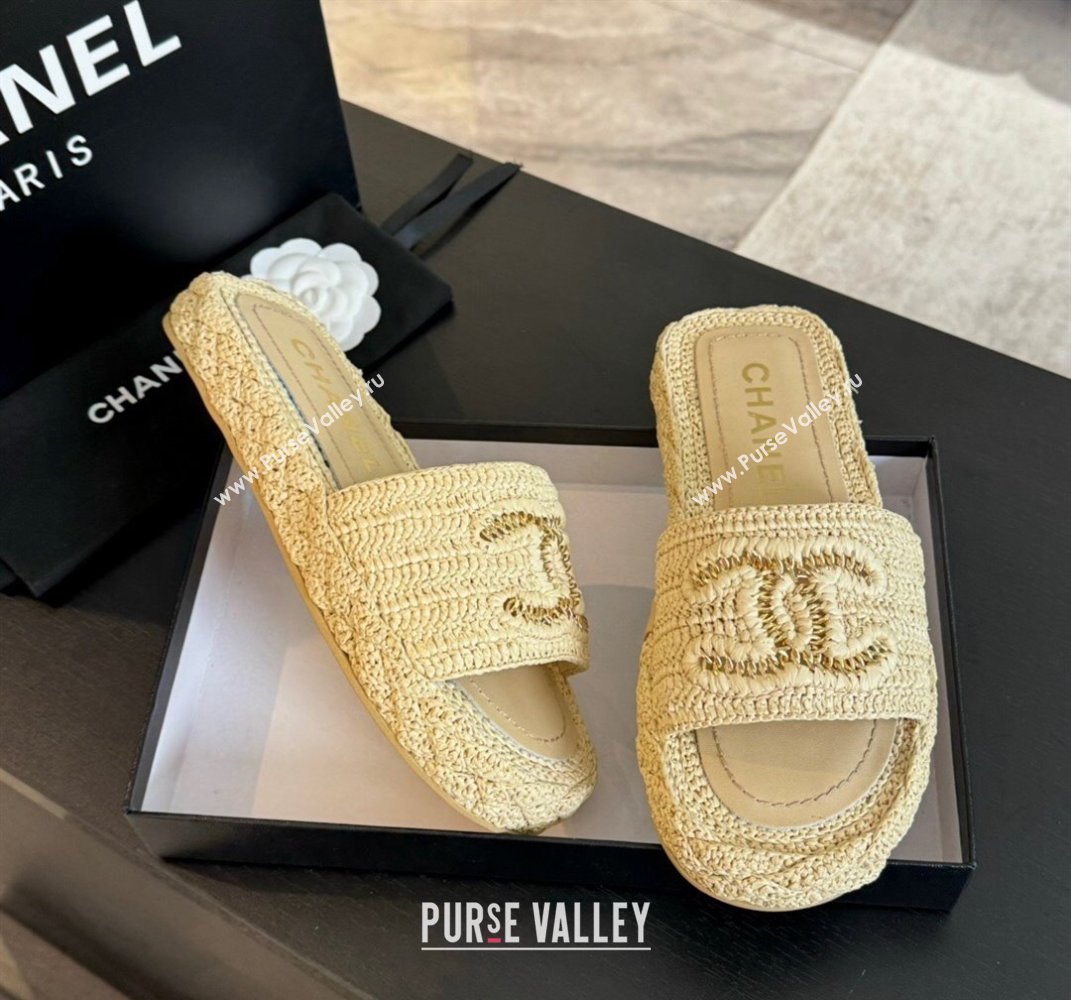 Chanel Raffia Straw Flat Slides Sandal Beige 2024 0603 (MD-240603068)