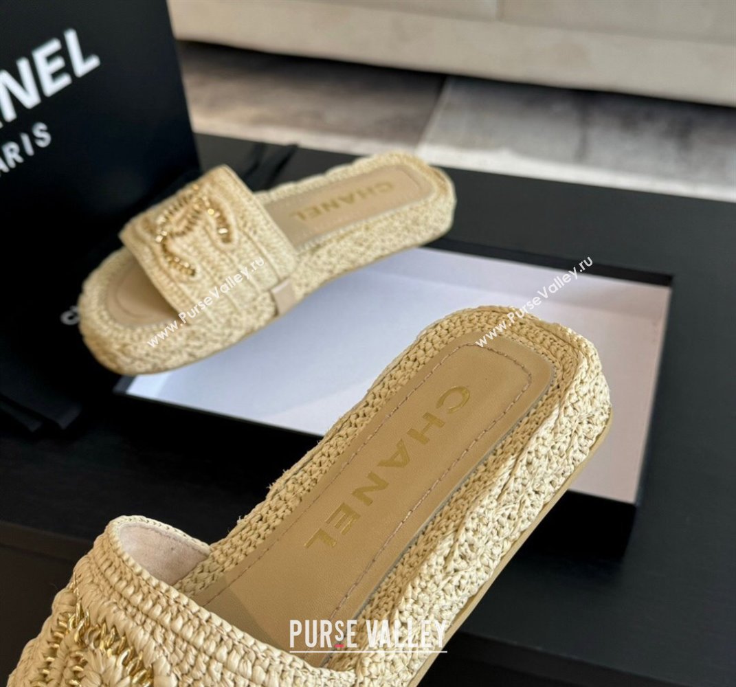 Chanel Raffia Straw Flat Slides Sandal Beige 2024 0603 (MD-240603068)