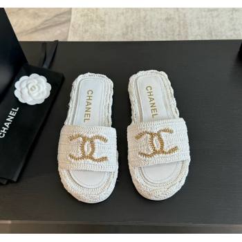 Chanel Raffia Straw Flat Slides Sandal White 2024 0603 (MD-240603069)