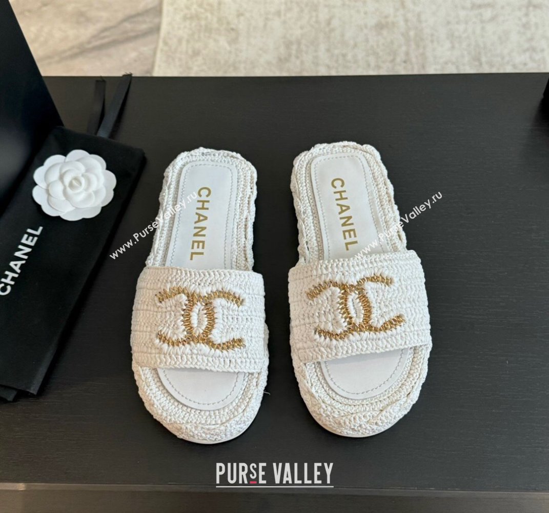 Chanel Raffia Straw Flat Slides Sandal White 2024 0603 (MD-240603069)