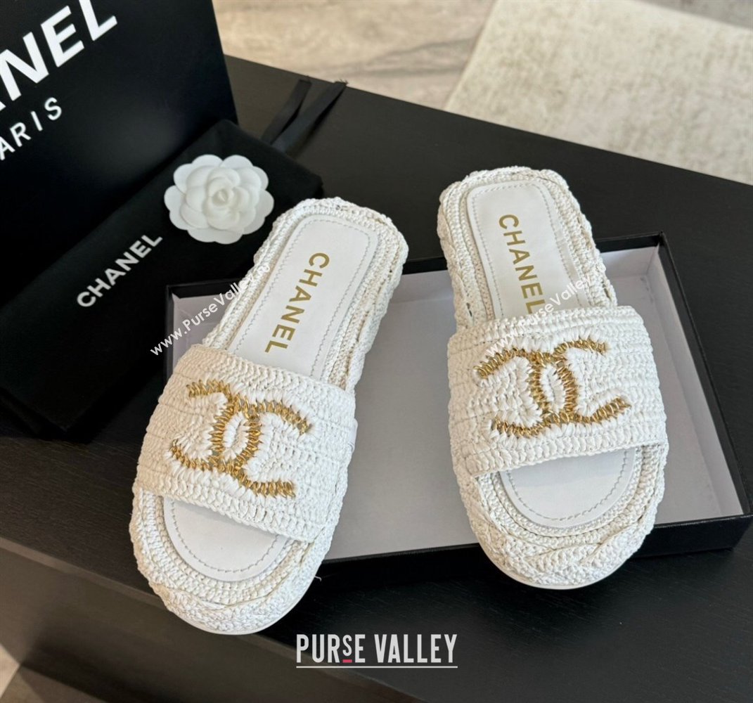 Chanel Raffia Straw Flat Slides Sandal White 2024 0603 (MD-240603069)