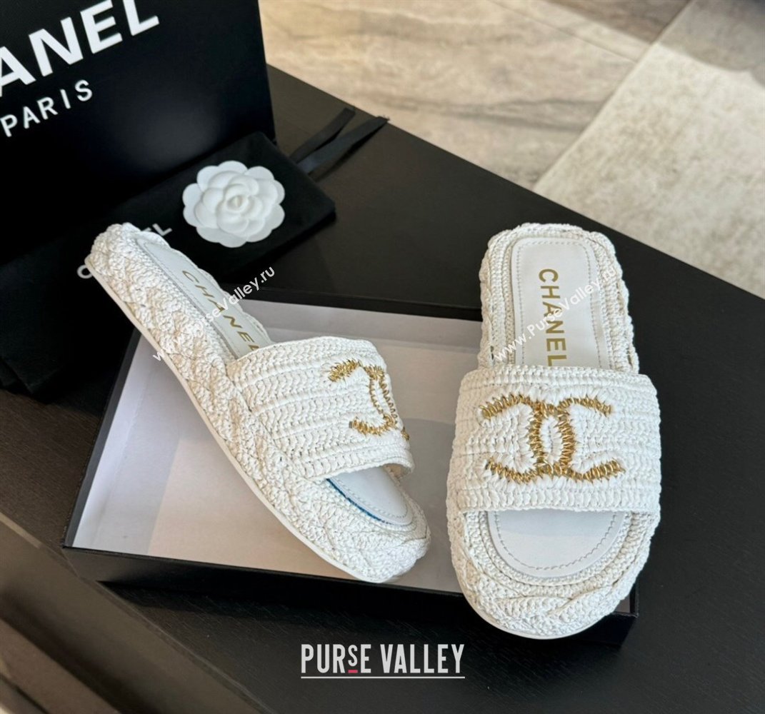 Chanel Raffia Straw Flat Slides Sandal White 2024 0603 (MD-240603069)