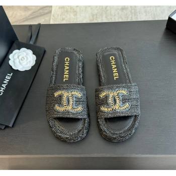 Chanel Raffia Straw Flat Slides Sandal Black 2024 0603 (MD-240603070)
