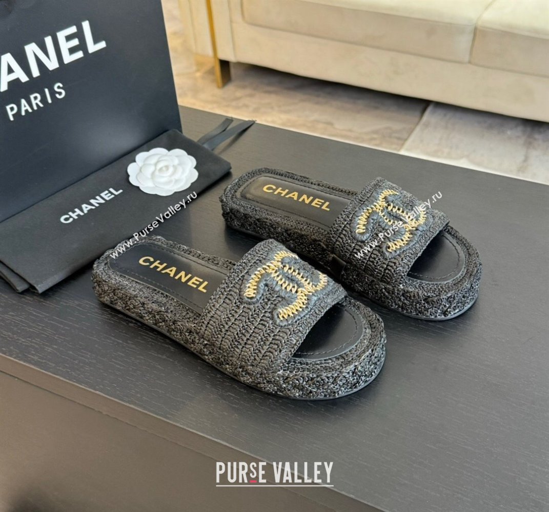 Chanel Raffia Straw Flat Slides Sandal Black 2024 0603 (MD-240603070)