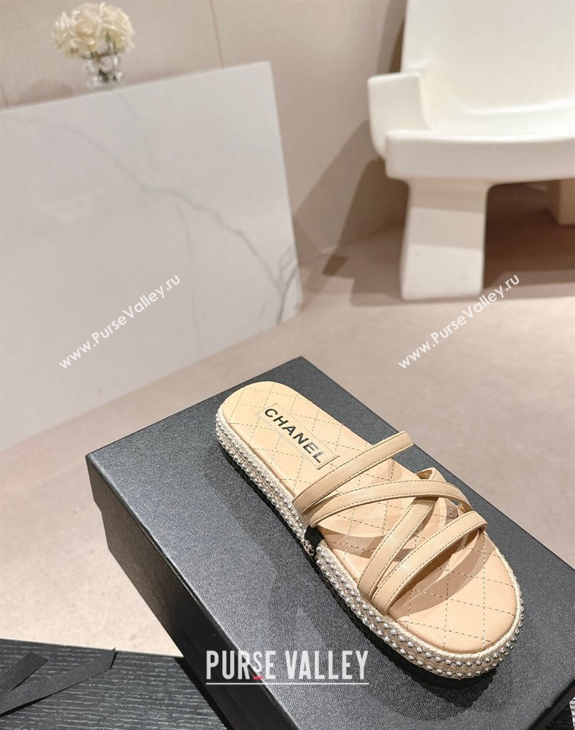 Chanel Calfskin Espadrille Flat Slide Sandals with Studs Chain Beige 2024 (MD-240603020)