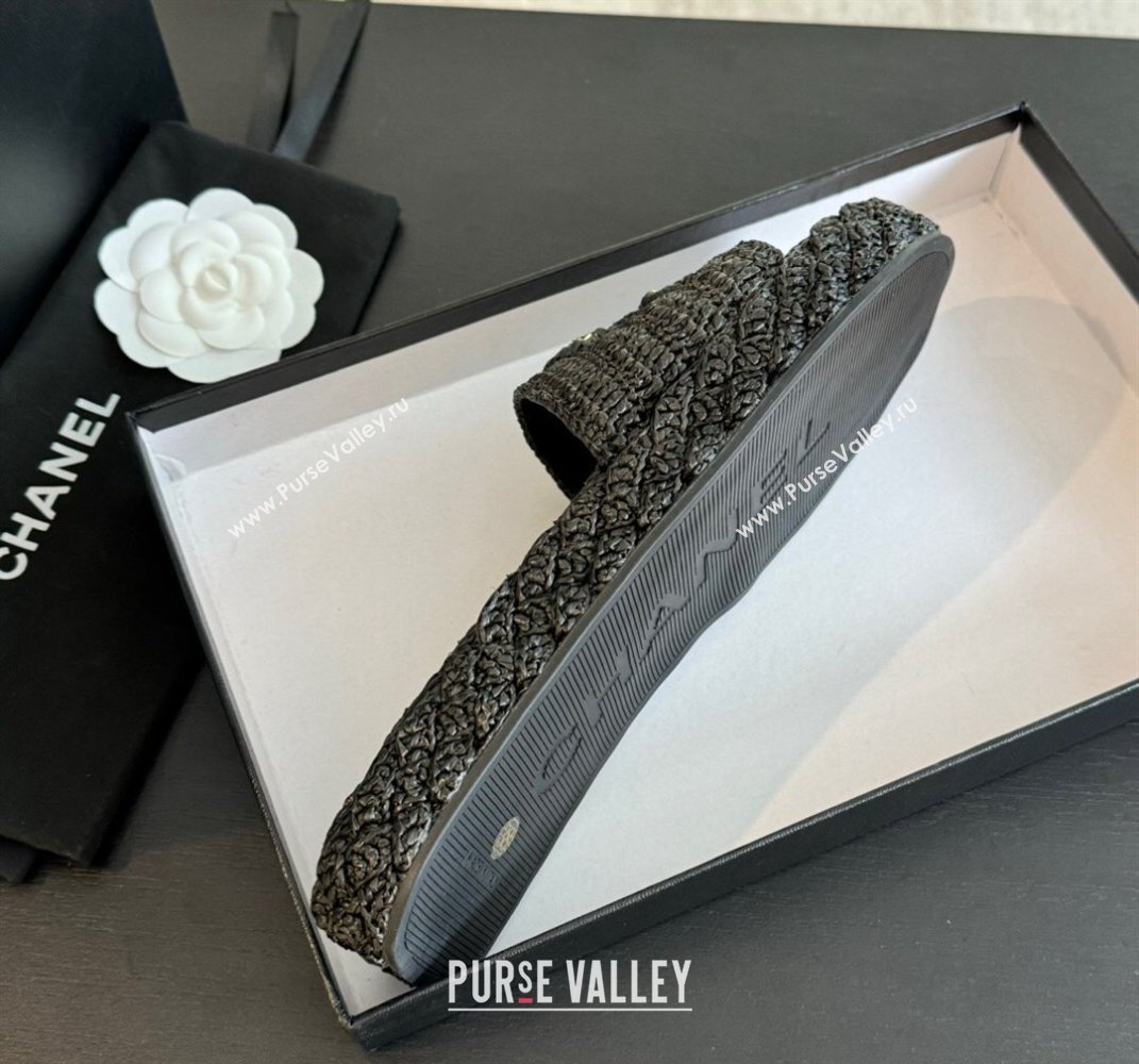 Chanel Raffia Straw Flat Slides Sandal Black 2024 0603 (MD-240603070)