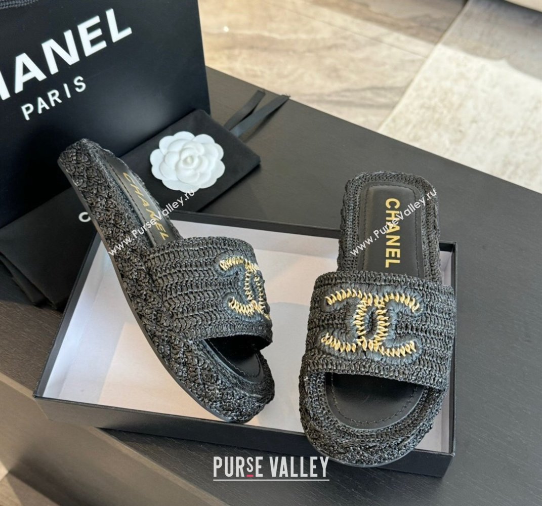 Chanel Raffia Straw Flat Slides Sandal Black 2024 0603 (MD-240603070)