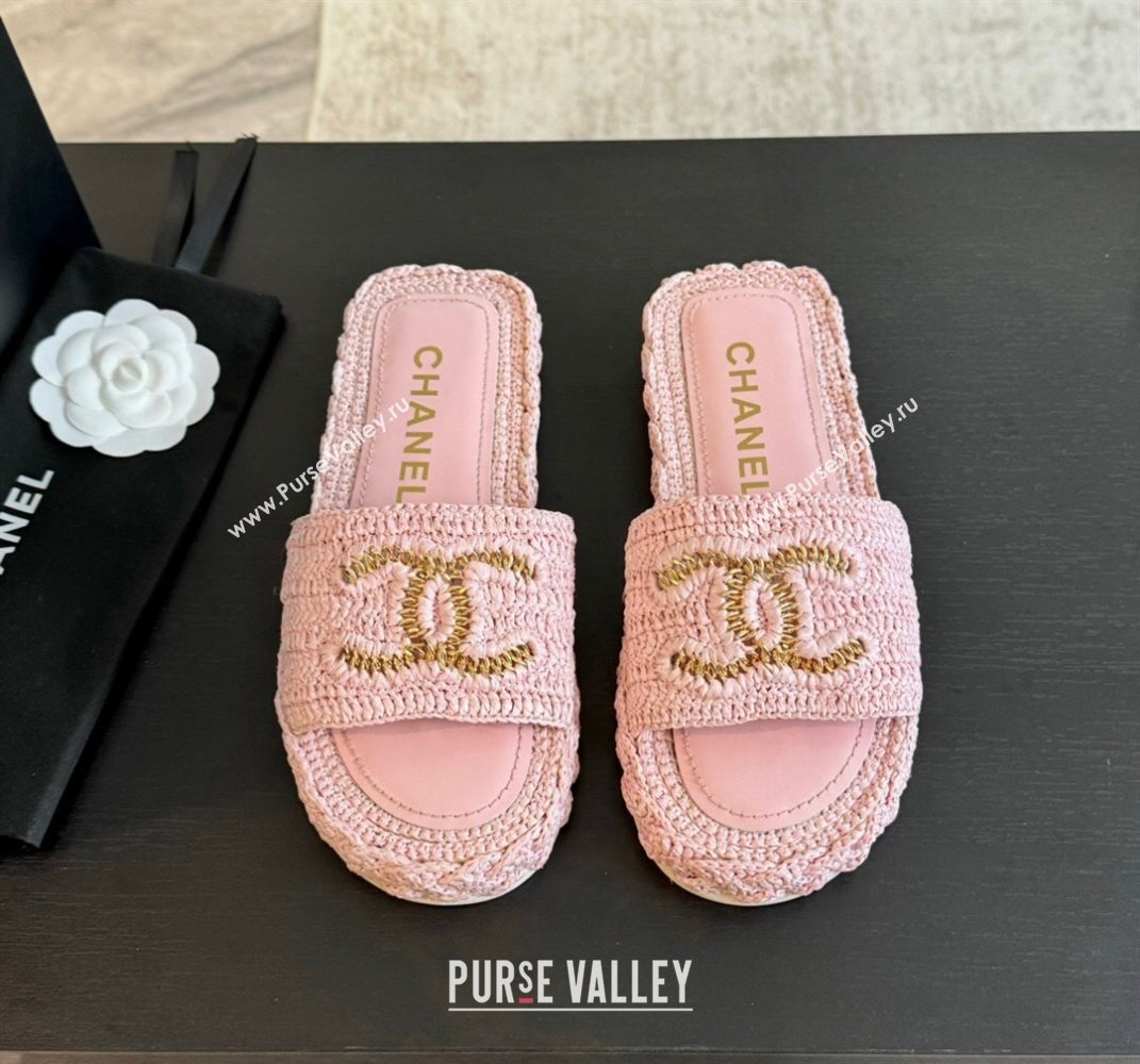 Chanel Raffia Straw Flat Slides Sandal Light Pink 2024 0603 (MD-240603071)