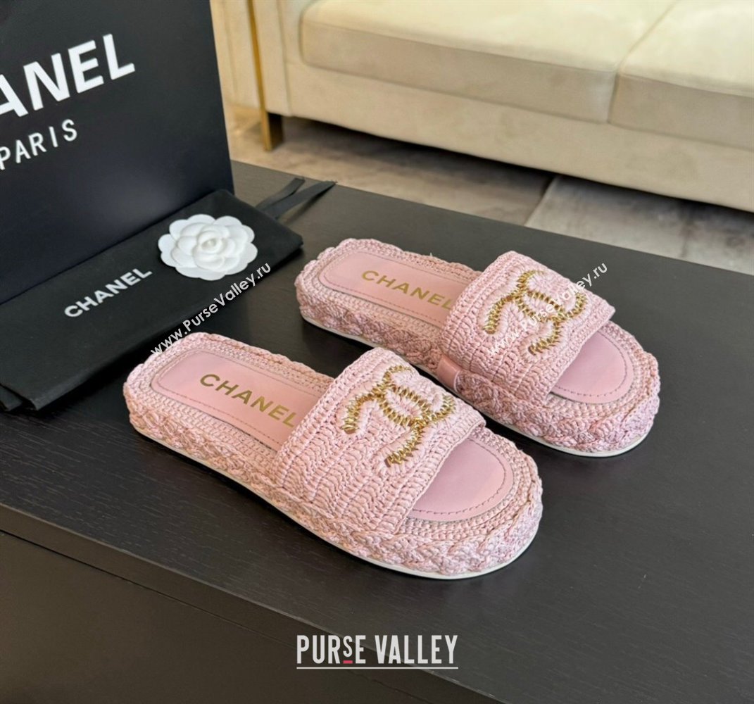 Chanel Raffia Straw Flat Slides Sandal Light Pink 2024 0603 (MD-240603071)