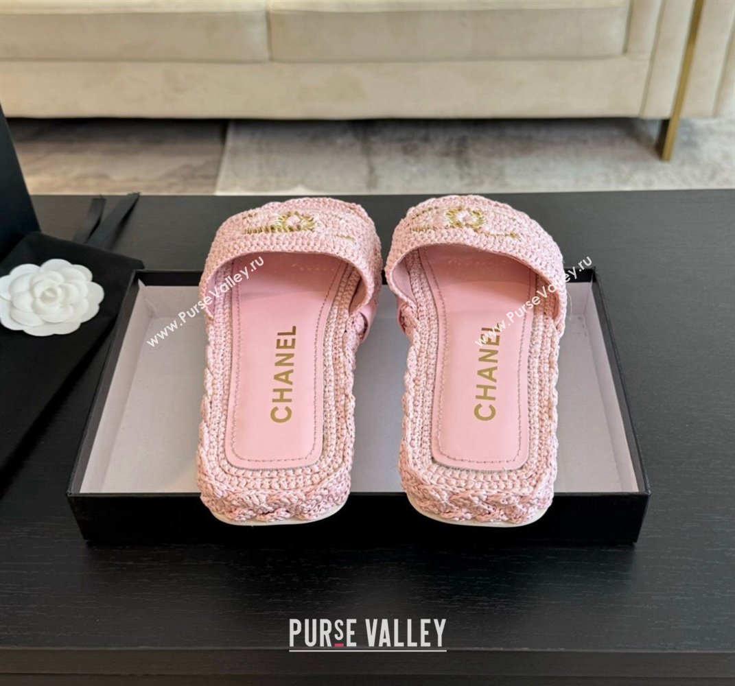 Chanel Raffia Straw Flat Slides Sandal Light Pink 2024 0603 (MD-240603071)