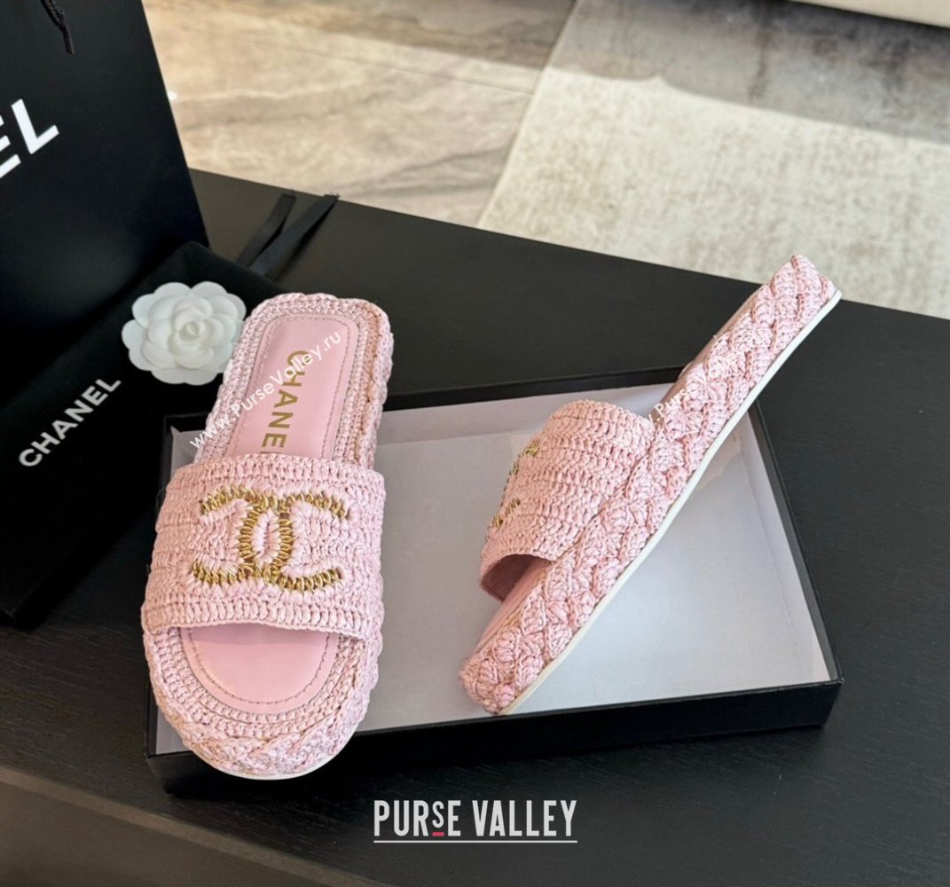 Chanel Raffia Straw Flat Slides Sandal Light Pink 2024 0603 (MD-240603071)