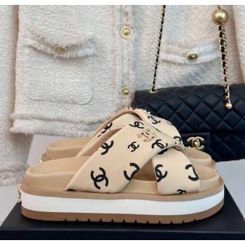 Chanel CC Printed Platform Slide Sandals Beige 2024 0603 (MD-240603024)