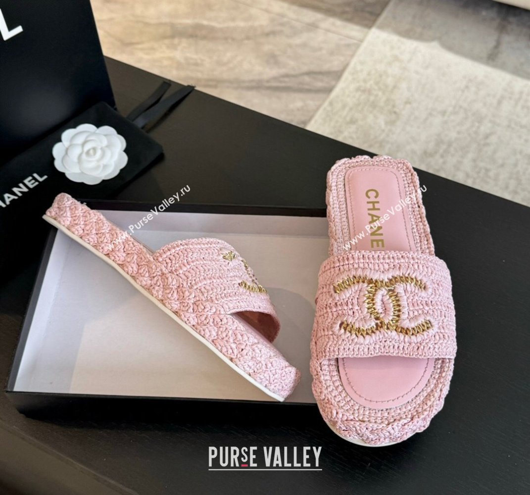 Chanel Raffia Straw Flat Slides Sandal Light Pink 2024 0603 (MD-240603071)