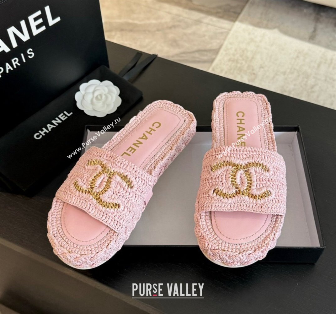 Chanel Raffia Straw Flat Slides Sandal Light Pink 2024 0603 (MD-240603071)