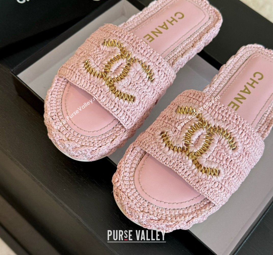 Chanel Raffia Straw Flat Slides Sandal Light Pink 2024 0603 (MD-240603071)