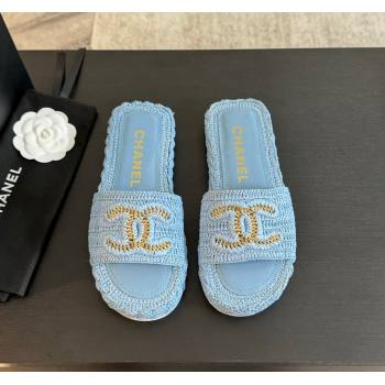 Chanel Raffia Straw Flat Slides Sandal Light Blue 2024 0603 (MD-240603072)