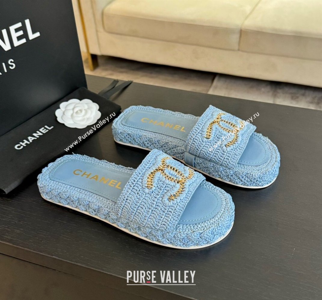 Chanel Raffia Straw Flat Slides Sandal Light Blue 2024 0603 (MD-240603072)