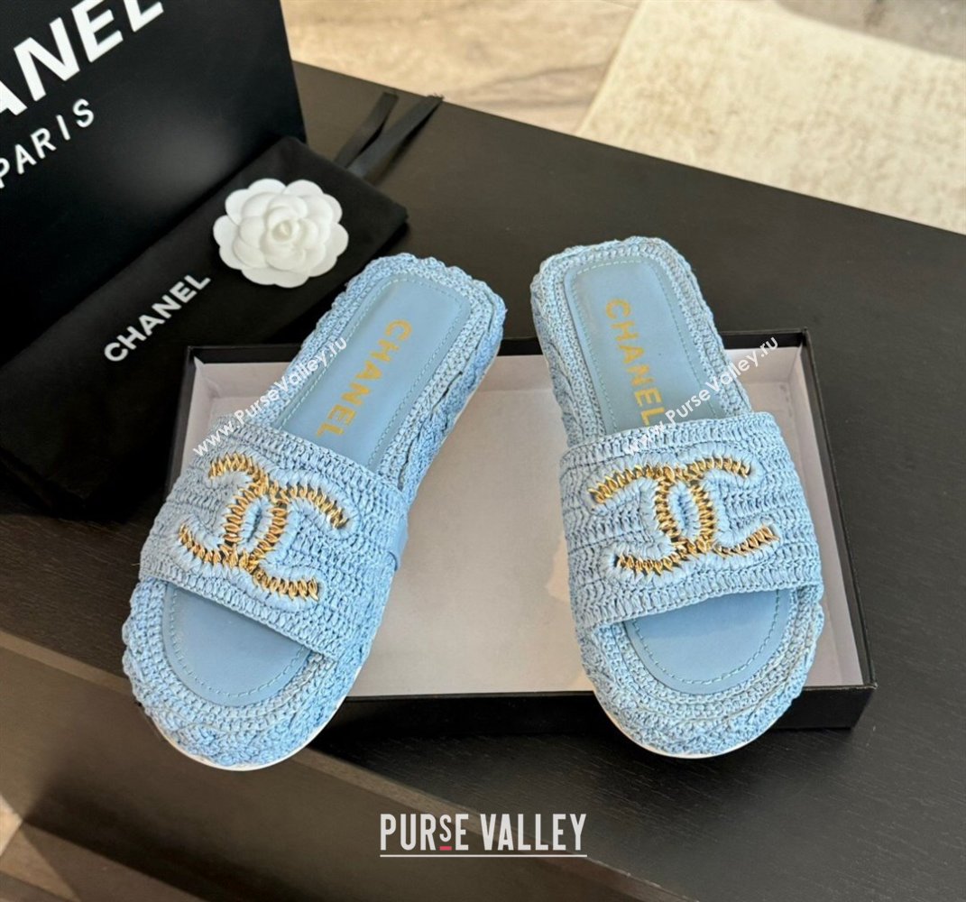 Chanel Raffia Straw Flat Slides Sandal Light Blue 2024 0603 (MD-240603072)