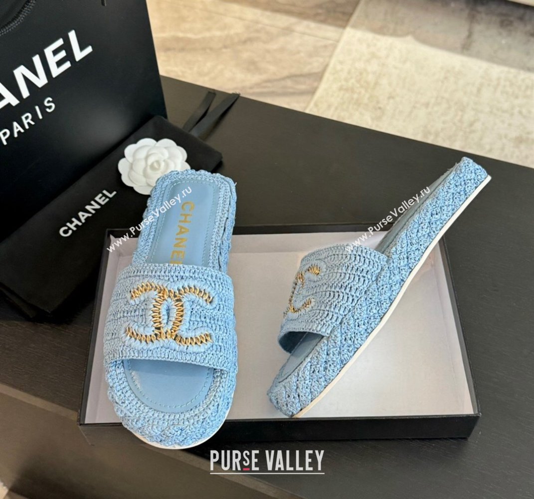 Chanel Raffia Straw Flat Slides Sandal Light Blue 2024 0603 (MD-240603072)