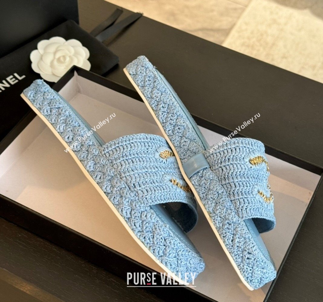 Chanel Raffia Straw Flat Slides Sandal Light Blue 2024 0603 (MD-240603072)