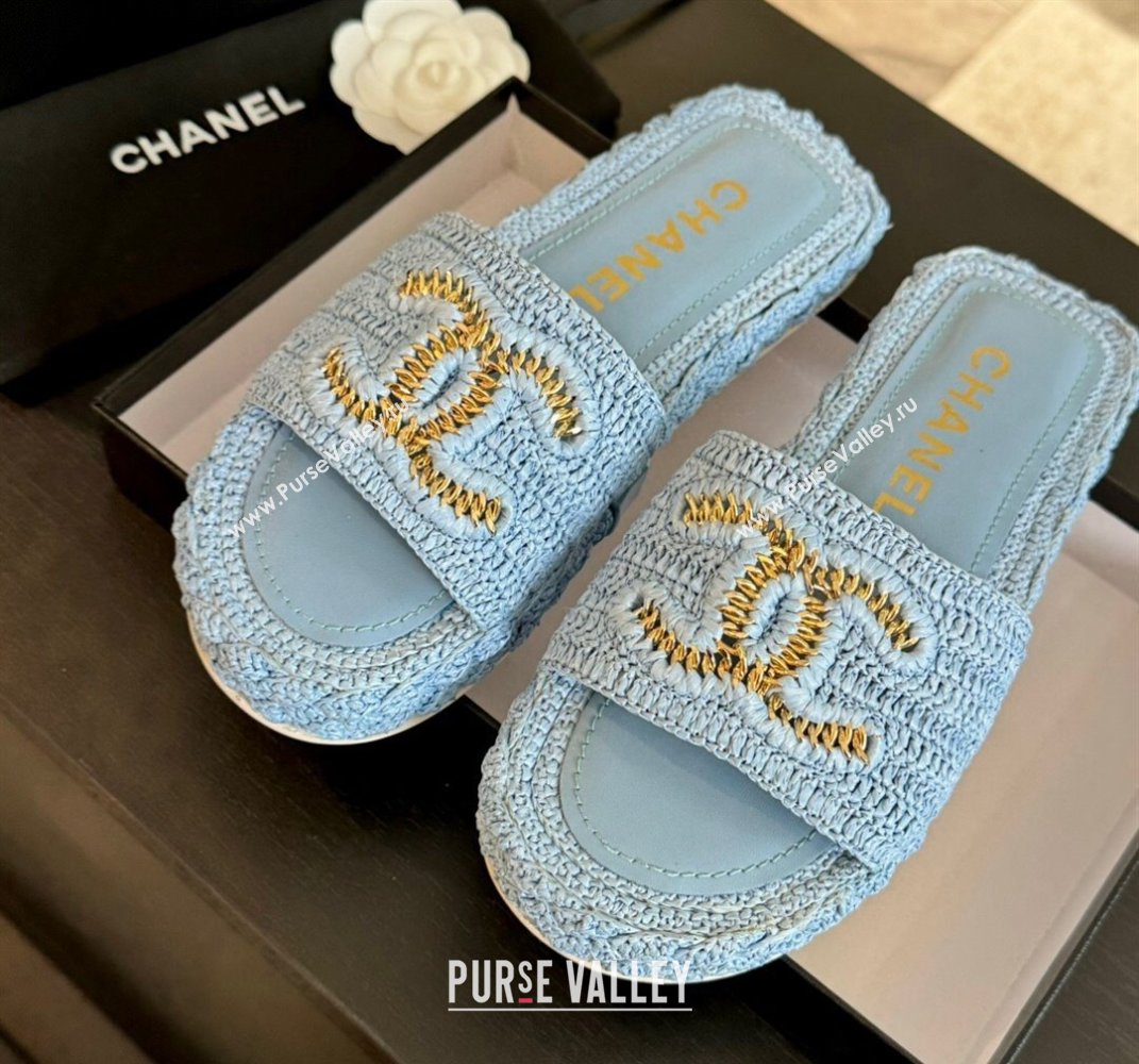 Chanel Raffia Straw Flat Slides Sandal Light Blue 2024 0603 (MD-240603072)