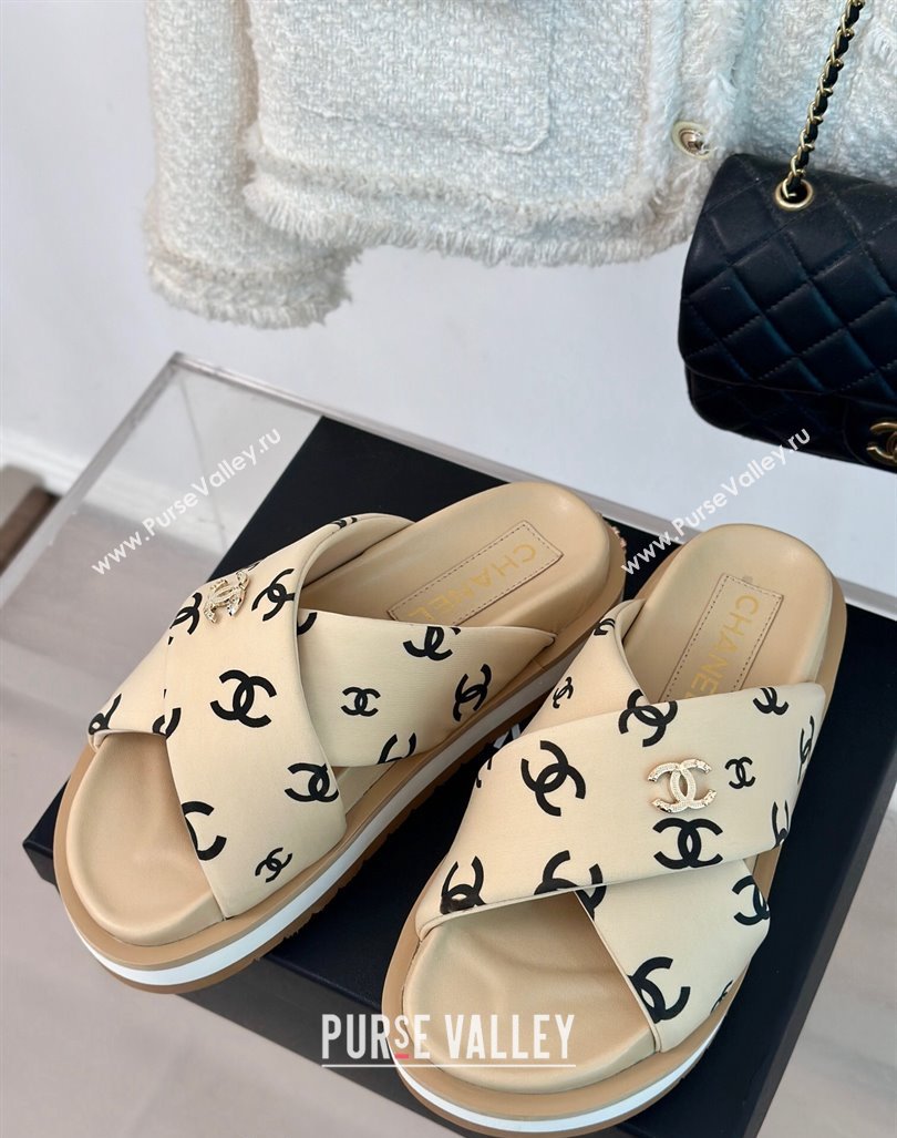 Chanel CC Printed Platform Slide Sandals Beige 2024 0603 (MD-240603024)