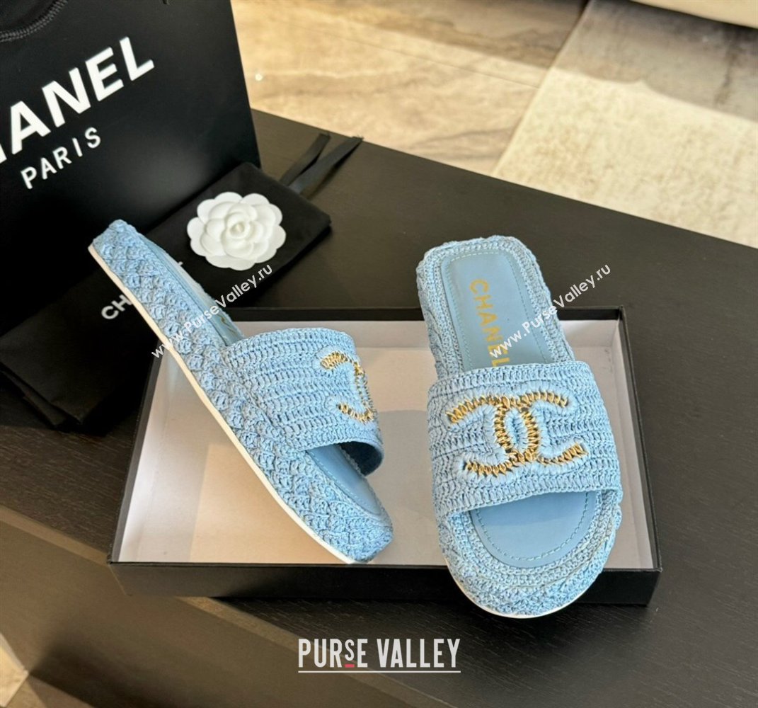 Chanel Raffia Straw Flat Slides Sandal Light Blue 2024 0603 (MD-240603072)