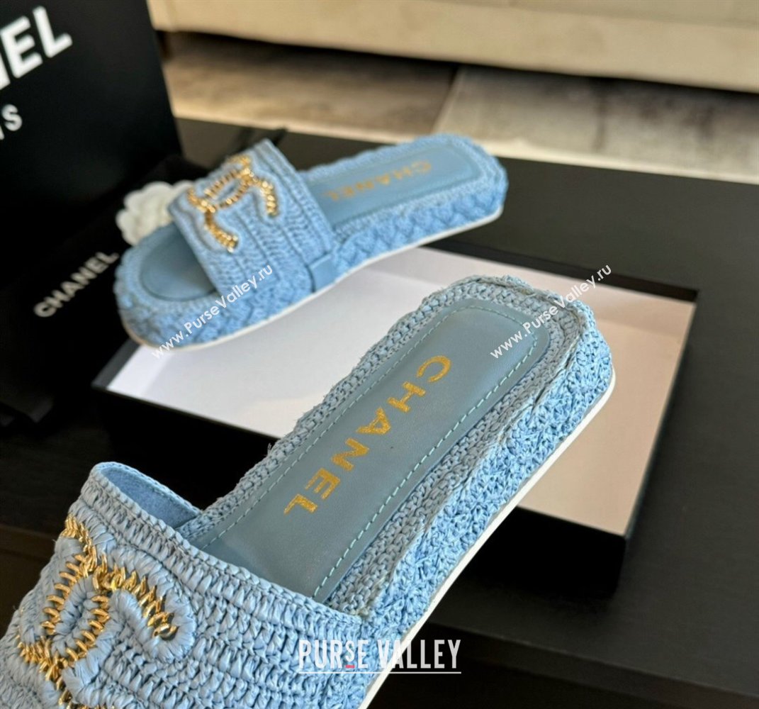 Chanel Raffia Straw Flat Slides Sandal Light Blue 2024 0603 (MD-240603072)